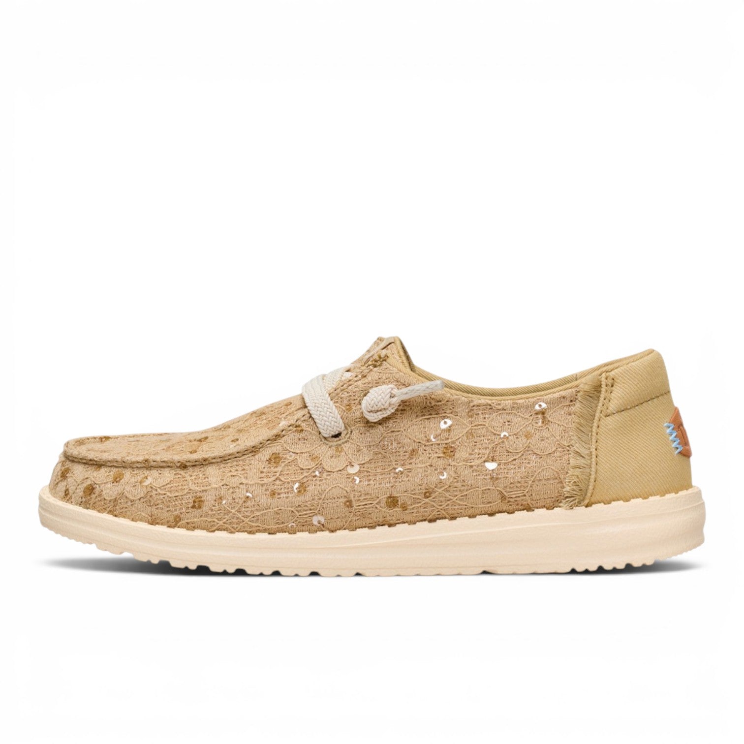 ShoeShop Hey Dude beige lace slip-on shoe with sequin details and white laces