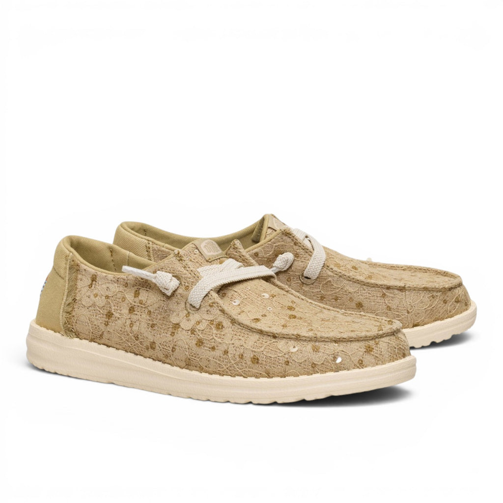 ShoeShop Hey Dude beige lace slip-on sneakers with white laces and a lightweight flexible sole