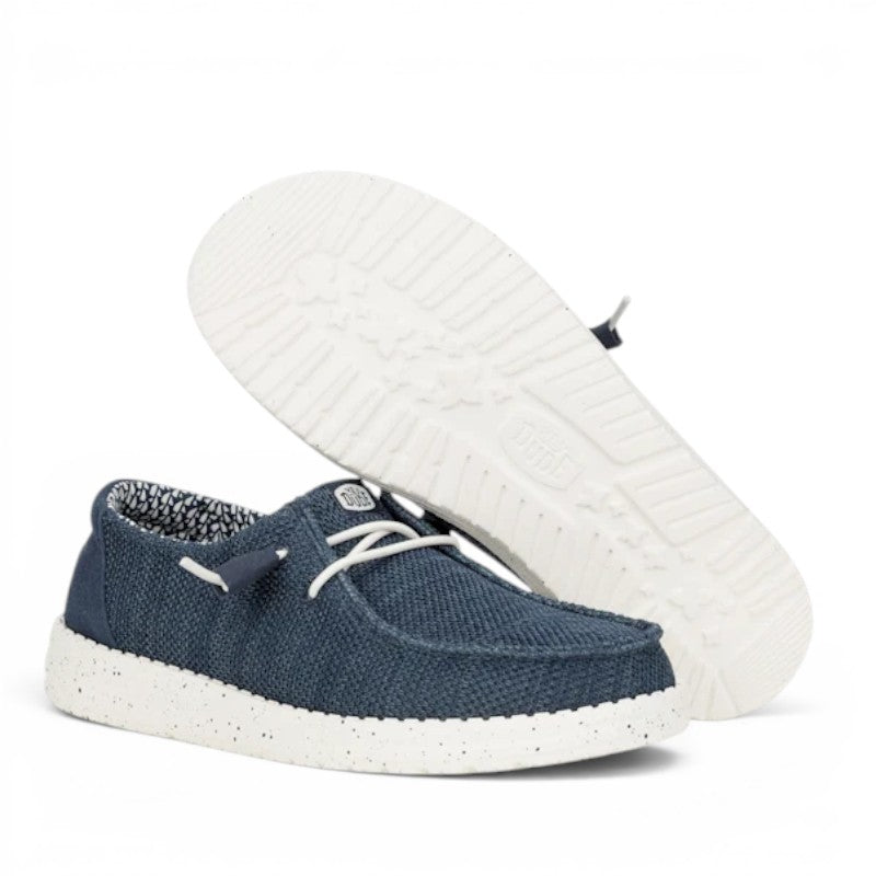 ShoeShop Hey Dude blue slip-on casual shoes with white speckled soles and lace-up detail