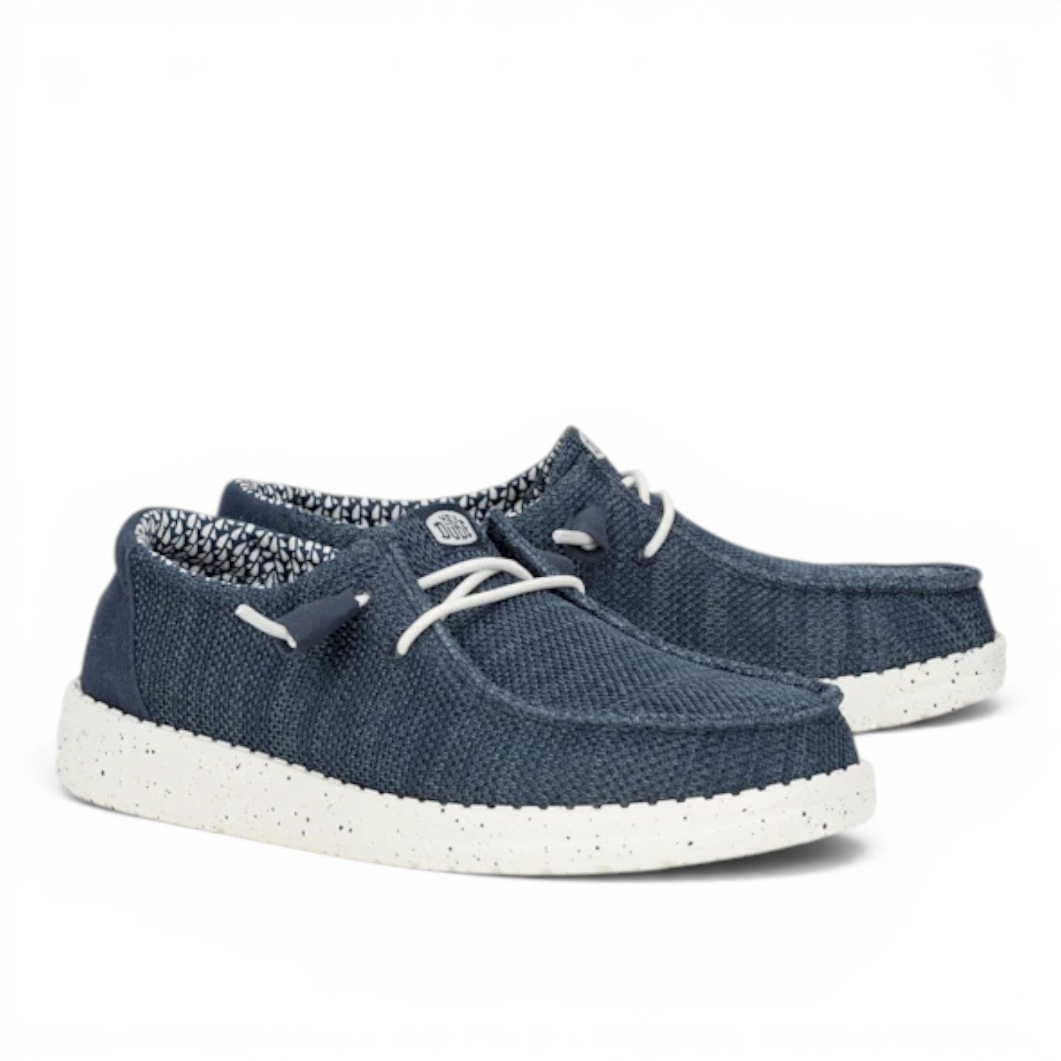 ShoeShop Hey Dude blue slip-on shoes with white speckled soles and patterned interior lining