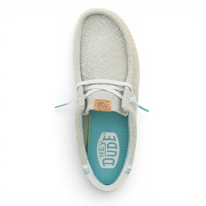 ShoeShop Hey Dude grey slip-on casual shoe with white laces and blue interior lining, top-down view