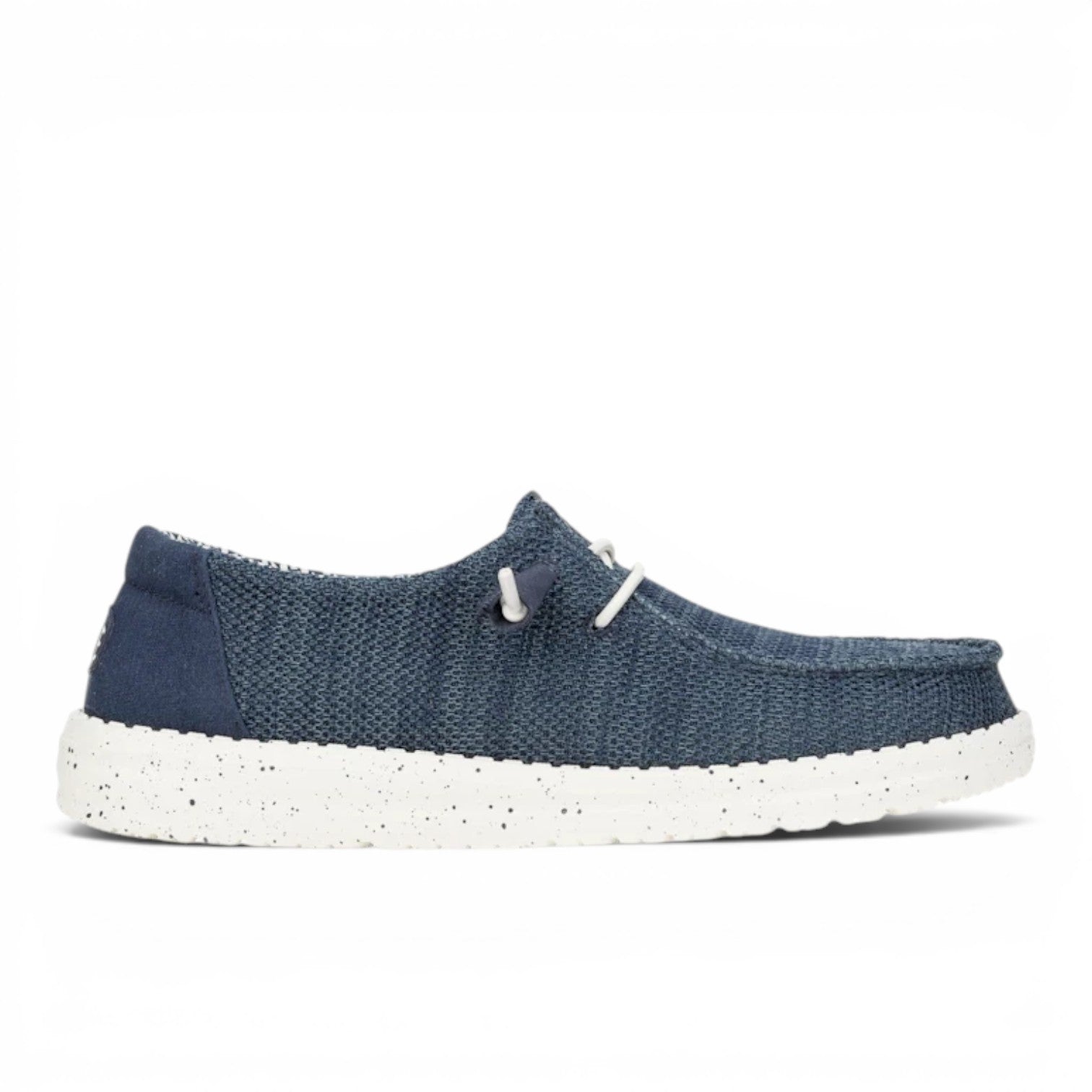 ShoeShop Hey Dude navy blue slip-on casual shoe with a white speckled lightweight sole and white laces
