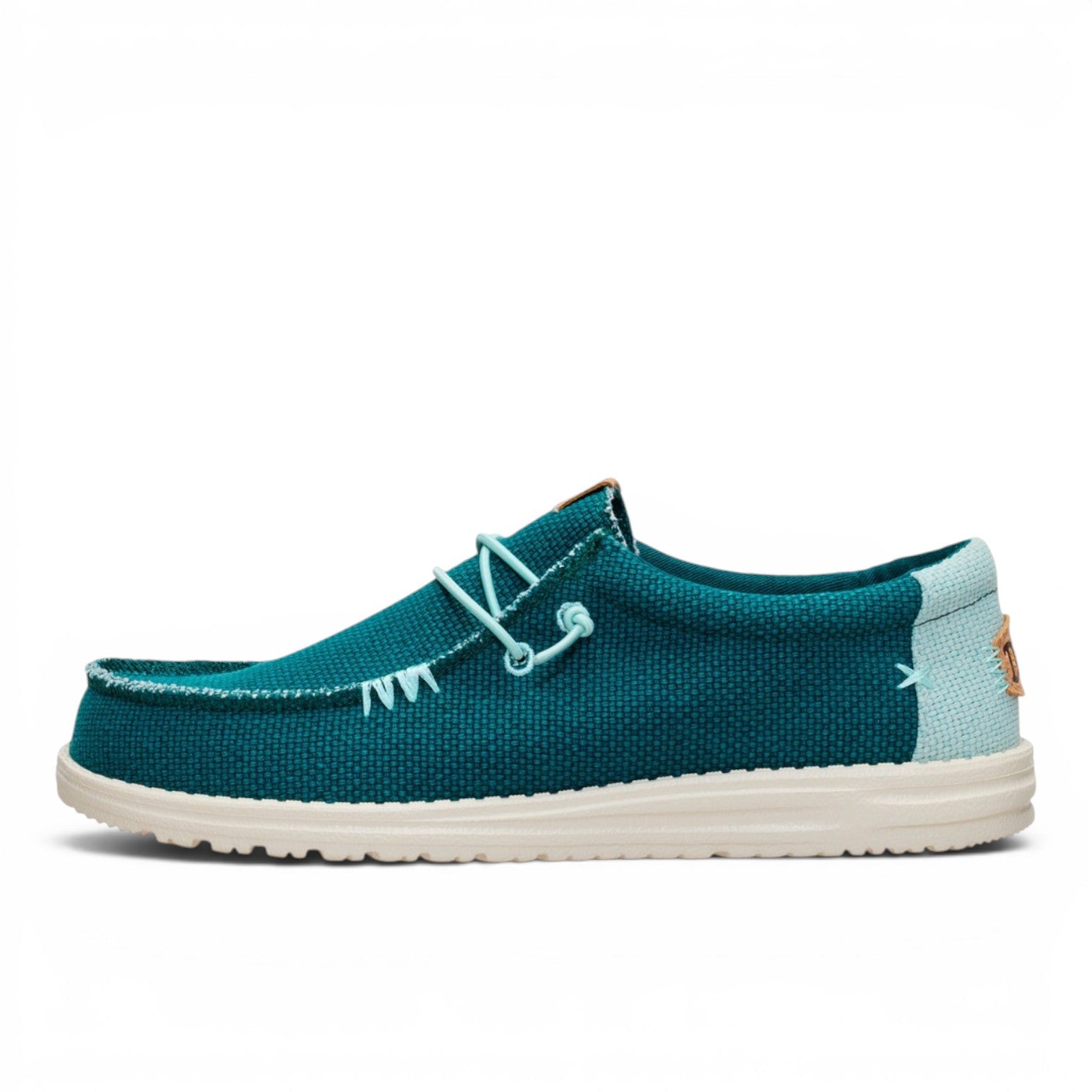 ShoeShop Hey Dude teal canvas slip-on shoe with light blue heel panel and white flexible sole