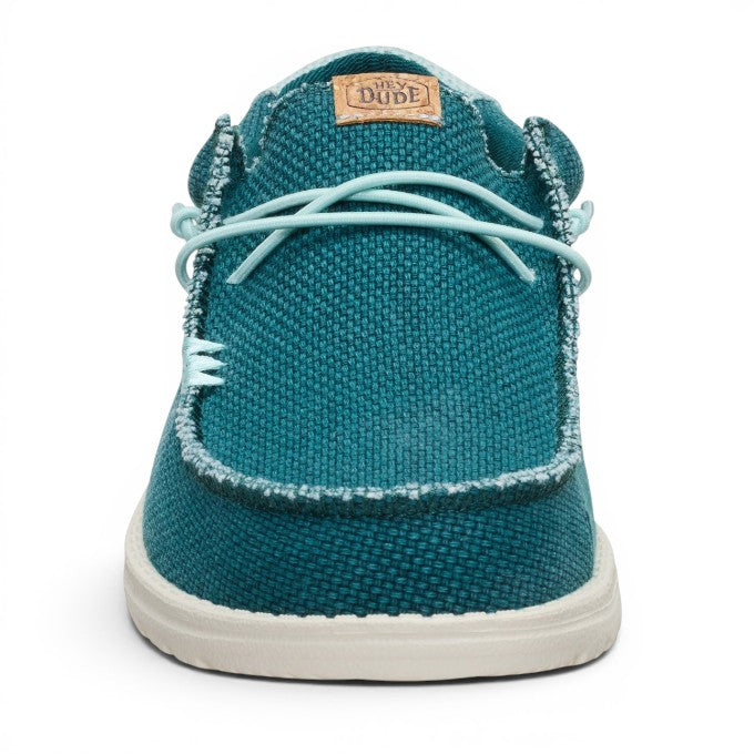 ShoeShop Hey Dude teal canvas slip-on shoe with frayed edges and light blue elastic laces