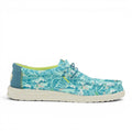 ShoeShop Hey Dude Wally H2O tropical blue slip-on shoes with palm tree print, textile upper, and speckled sole.