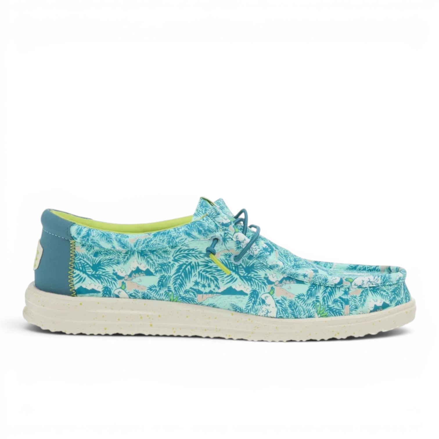 ShoeShop Hey Dude Wally H2O tropical blue slip-on shoes with palm tree print, textile upper, and speckled sole.