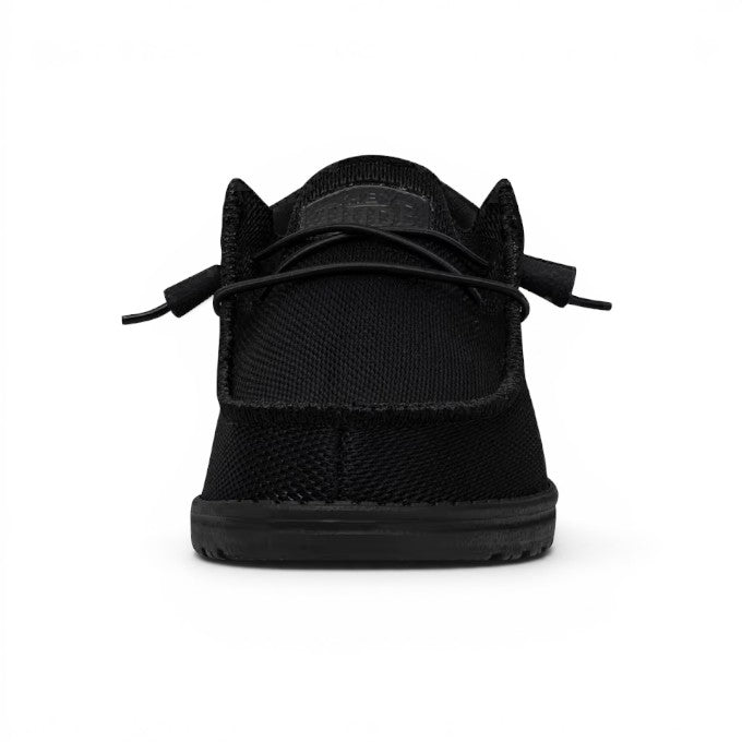ShoeShop Hey Dude Wally Funk Mono slip-on shoes in black with a textured mesh upper and elastic lacing system.