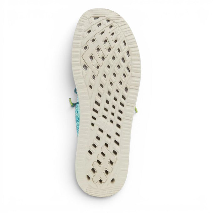 ShoeShop Hey Dude Wally H2O tropical blue shoe showing the white perforated rubber outsole from a bottom view.