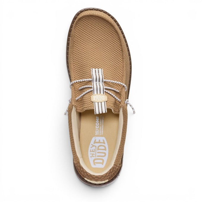 ShoeShop Hey Dude Wally mesh neutral tan slip-on shoe with white striped laces and cushioned insole