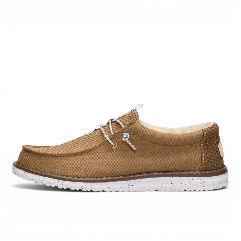 ShoeShop Hey Dude Wally mesh neutral tan slip-on shoe with white speckled sole and elastic laces