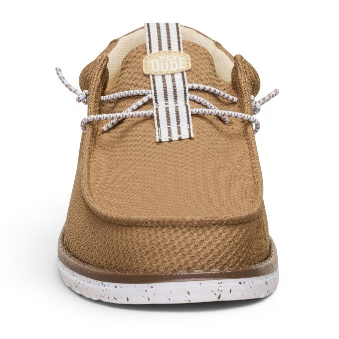 ShoeShop Hey Dude Wally mesh neutral tan slip-on shoe with white speckled sole and striped tongue detail