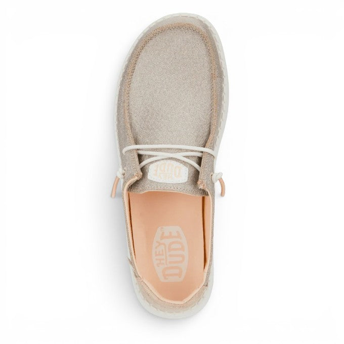 ShoeShop Hey Dude Wendy metallic sparkle slip-on shoe in beige with elastic laces and lightweight flexible sole