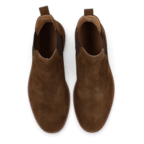 ShoeShop HUDSON-10 brown suede Chelsea boots with elastic side panels and pull tabs, top-down view