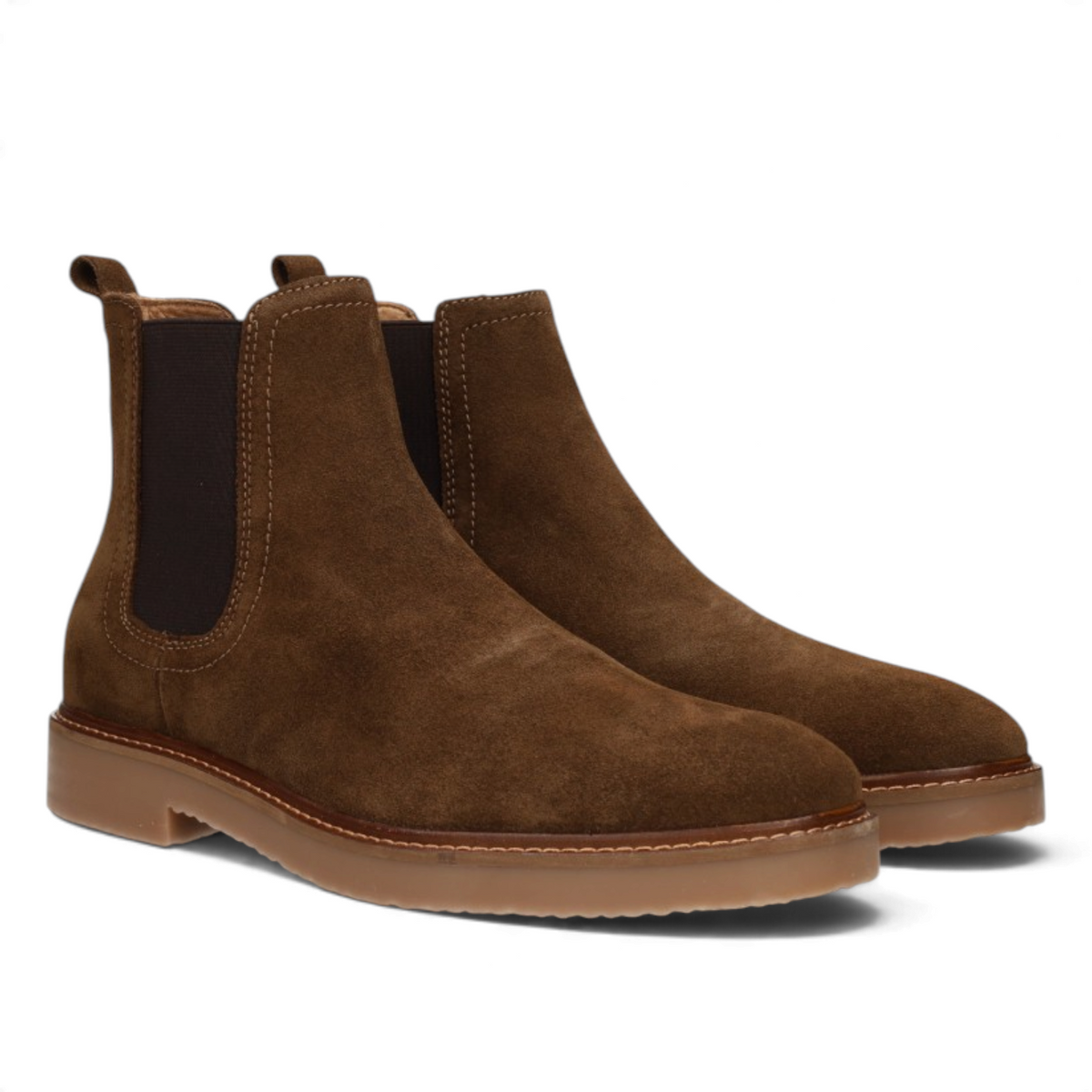 ShoeShop HUDSON-10 brown suede Chelsea boots with elastic side panels and a durable gum rubber sole