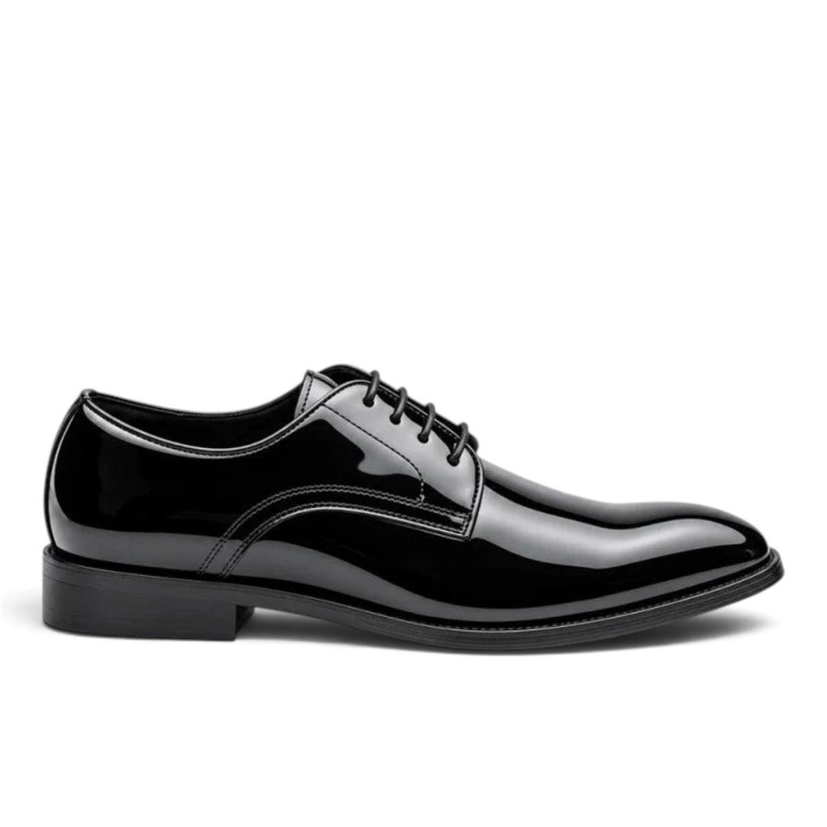 ShoeShop JAKOB black patent leather formal lace-up dress shoe with a sleek polished finish and low heel