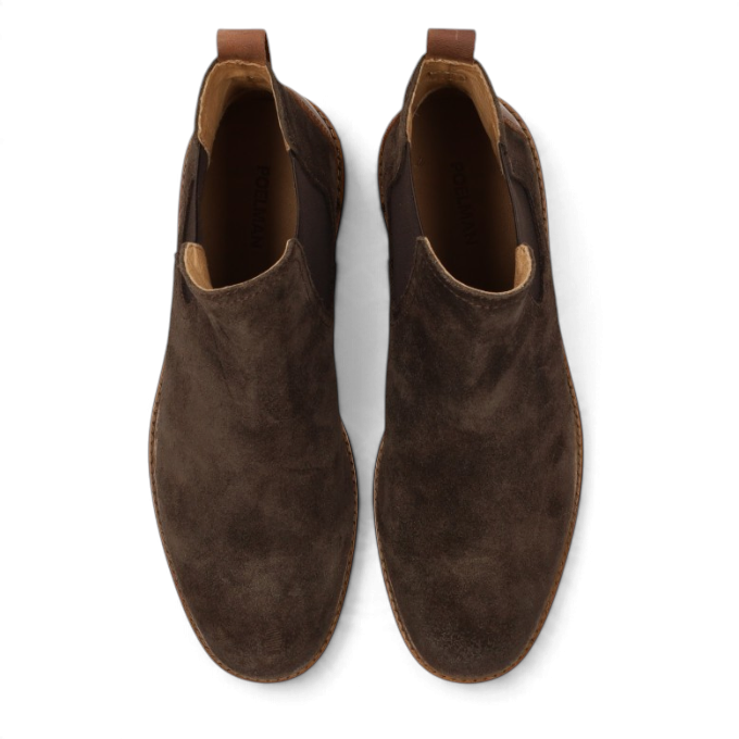 ShoeShop JONI-11 dark brown suede Chelsea boots with elastic side panels and pull tabs, top-down view