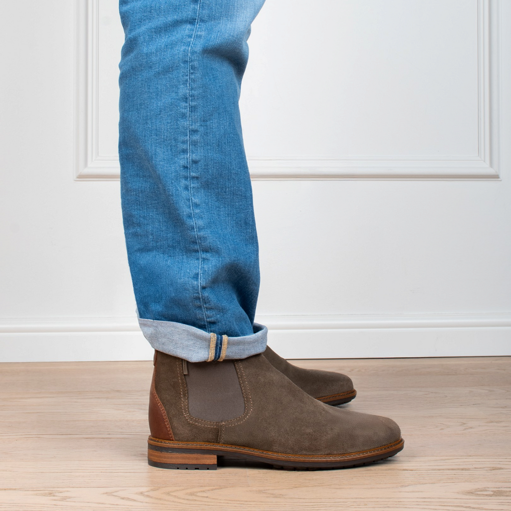ShoeShop JONI-11 brown suede Chelsea boots worn with cuffed blue jeans, side profile view