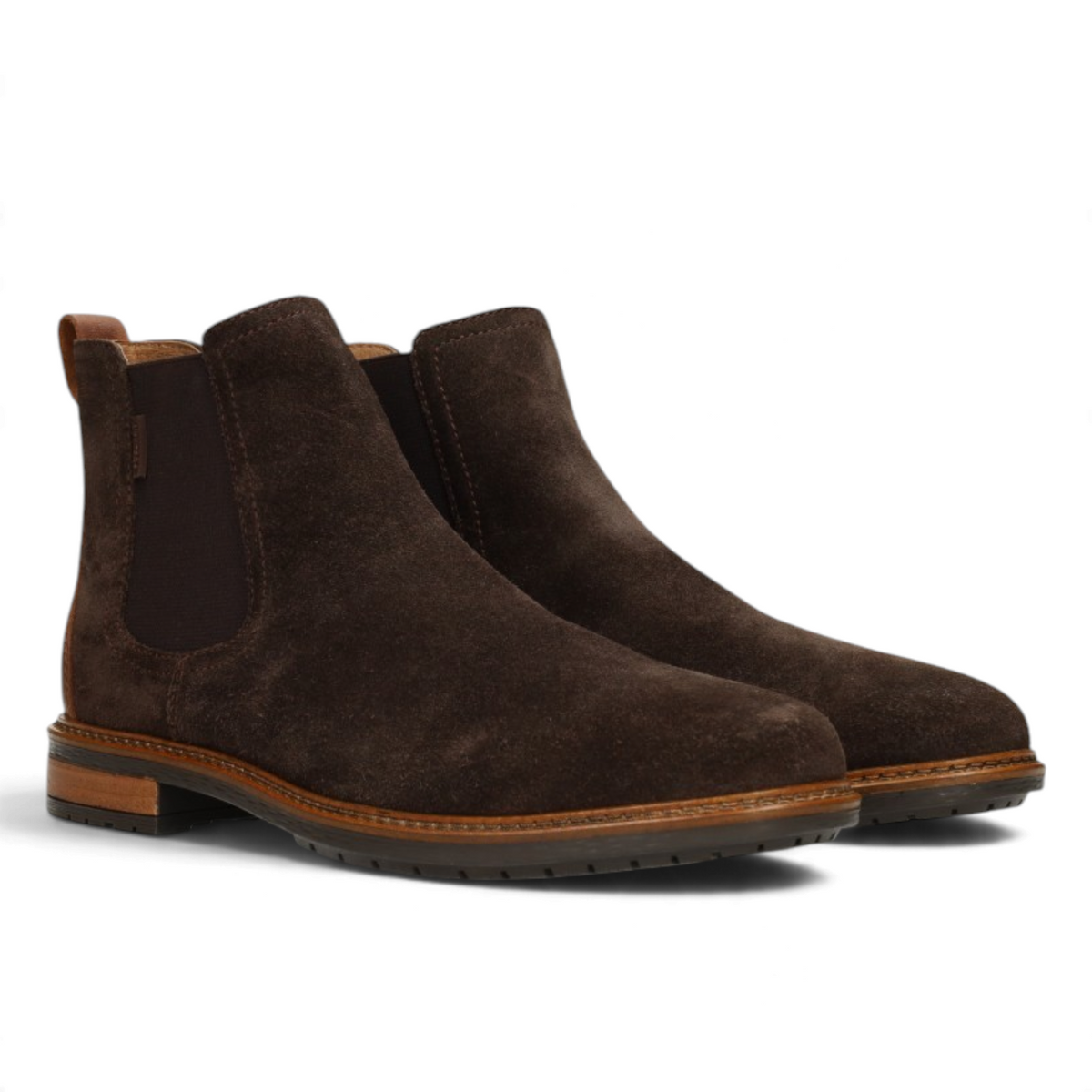 ShoeShop JONI-11 dark brown suede Chelsea boots with elastic side panels and a stacked rubber sole