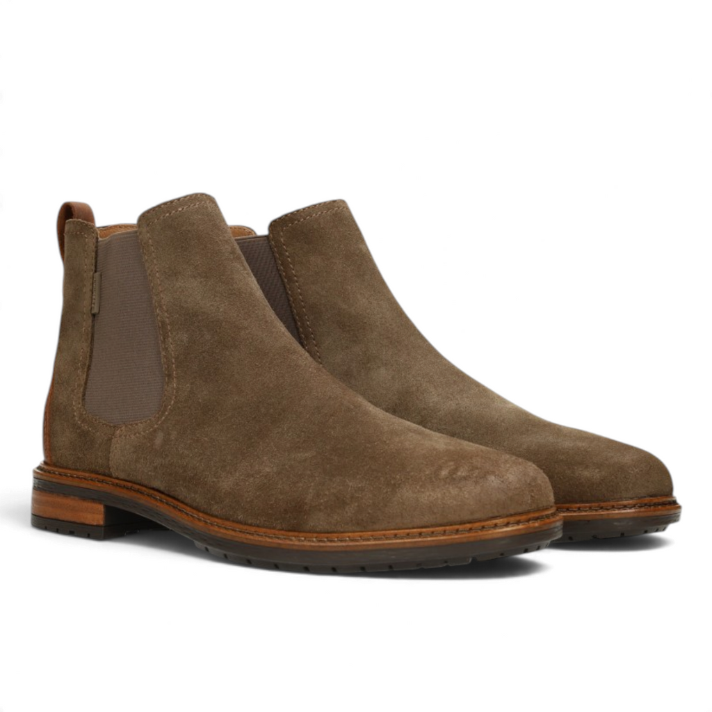 ShoeShop JONI-11 brown suede Chelsea boots with elastic side panels and a stacked heel