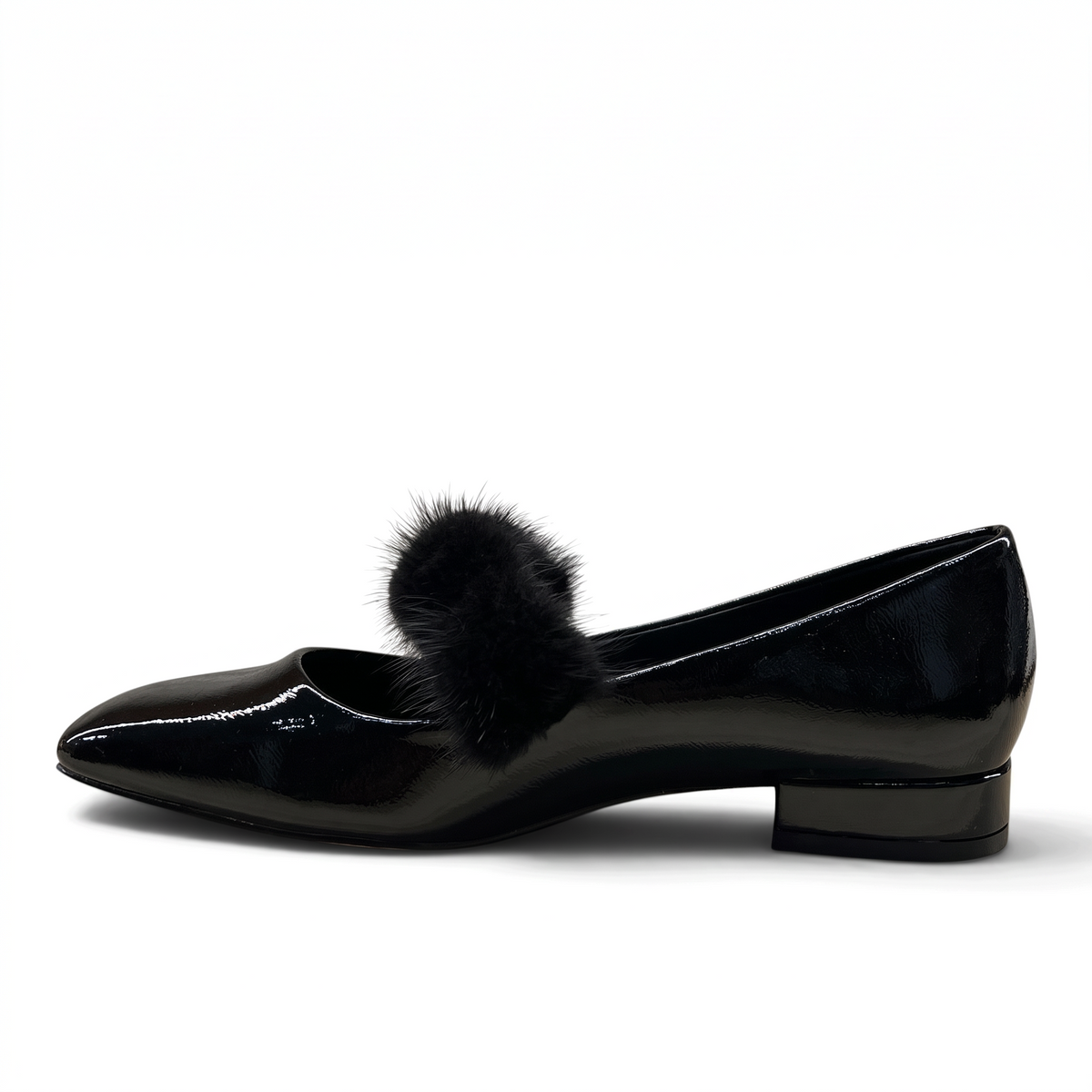 ShoeShop Kharisma 3042 black synthetic patent leather flat shoe with a decorative faux fur pom-pom detail