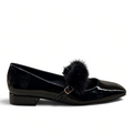 ShoeShop Kharisma 3042 black synthetic patent leather flat shoe with a decorative fur pom-pom and buckle strap