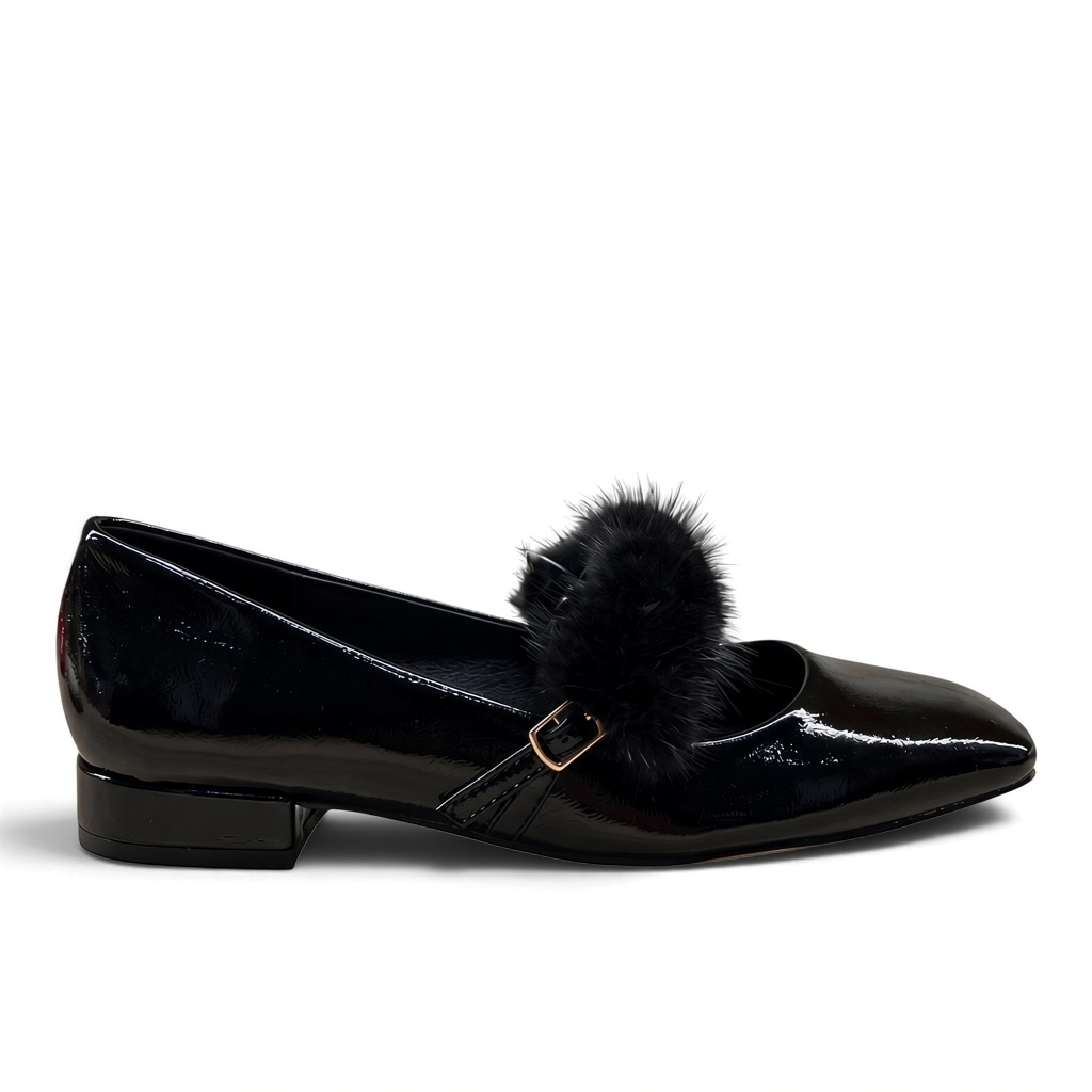 ShoeShop Kharisma 3042 black synthetic patent leather flat shoe with a decorative fur pom-pom and buckle strap