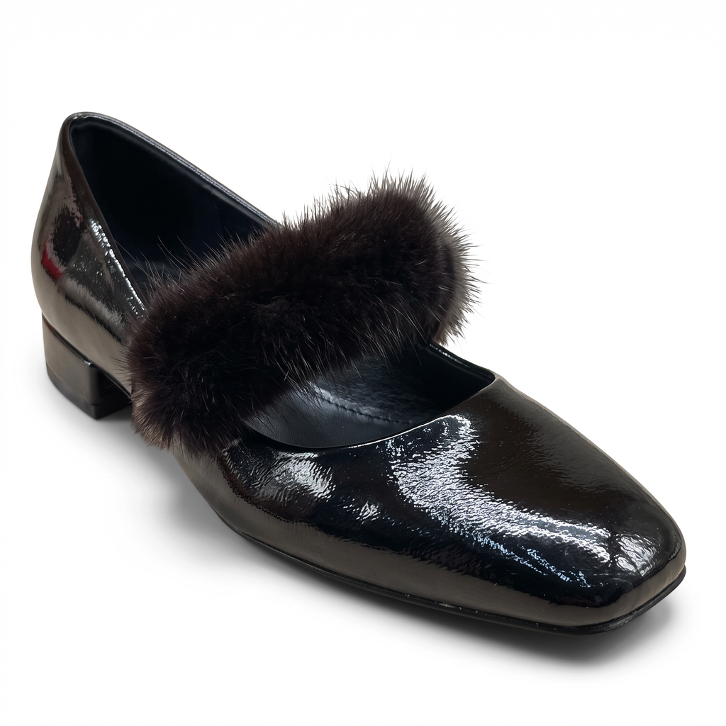 ShoeShop Kharisma 3042 black patent synthetic pump with a decorative faux fur strap and low block heel