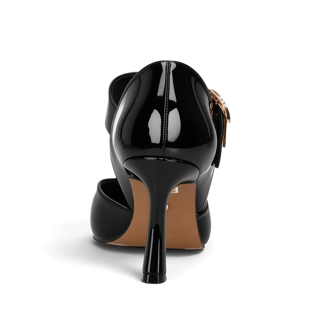 ShoeShop Kharisma 3572 black synthetic patent leather high heel pump with an 8cm heel, back view.
