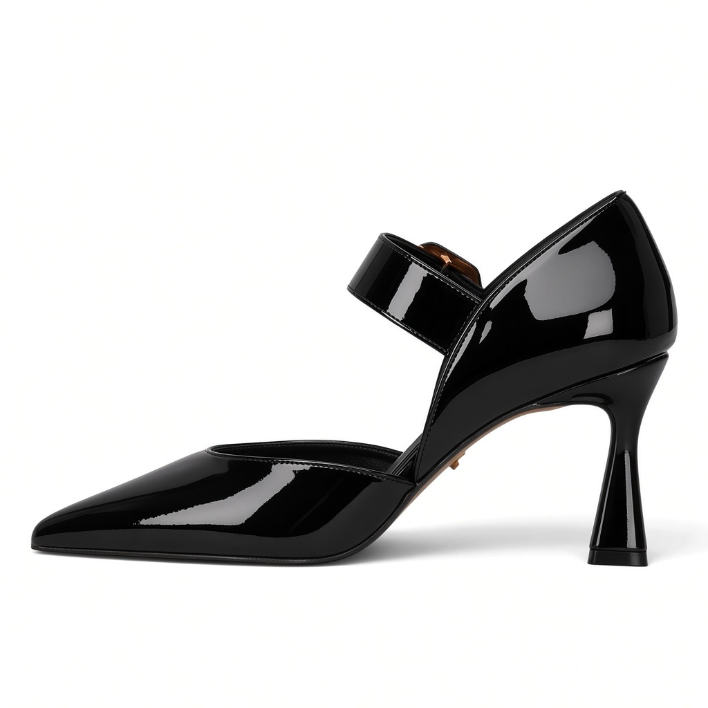 ShoeShop Kharisma 3572 black synthetic patent leather pointed toe mary jane heels with an 8cm flared heel