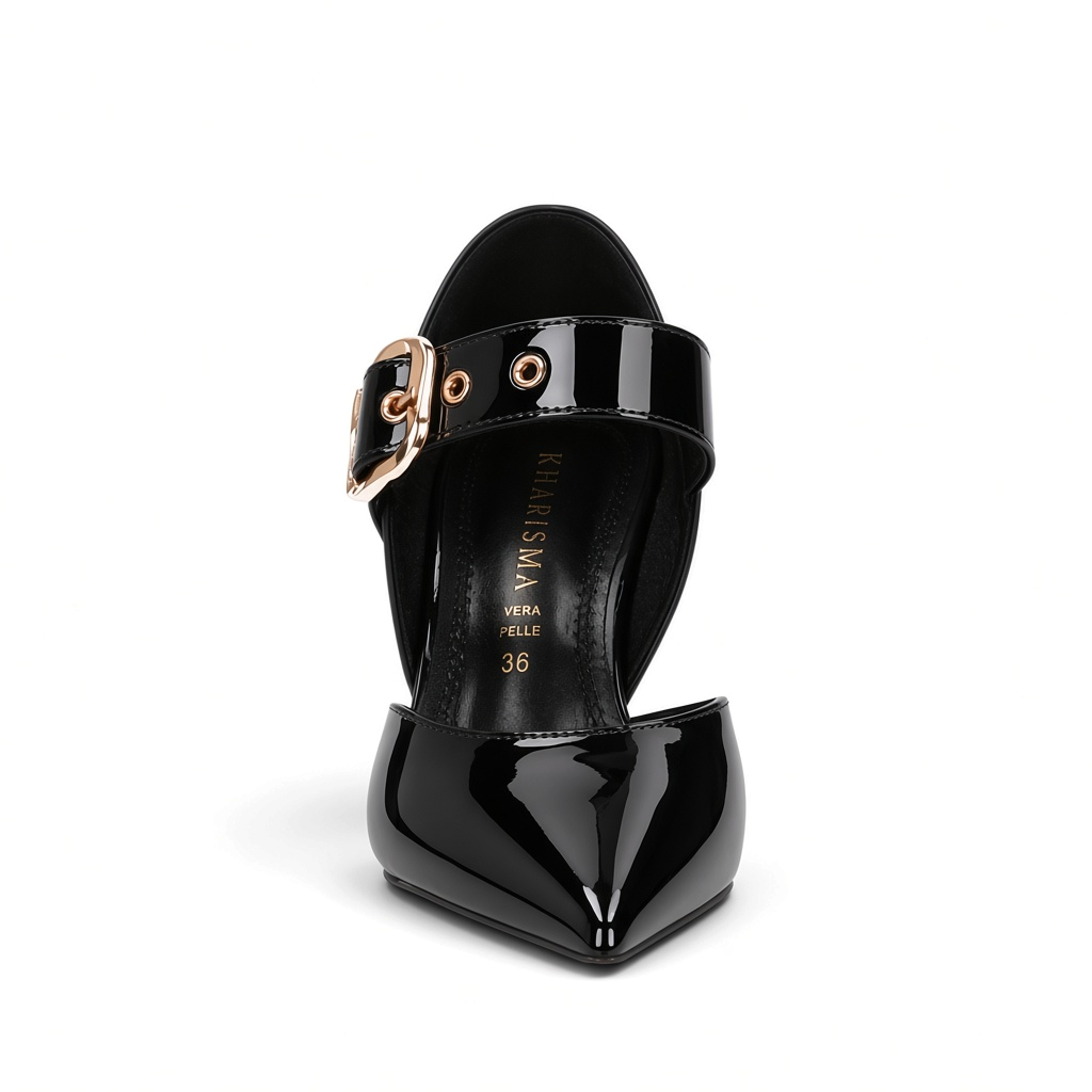 ShoeShop Kharisma 3572 black patent synthetic high heel pump with a gold buckle strap and pointed toe