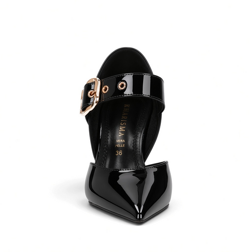 ShoeShop Kharisma 3572 black patent synthetic high heel pump with a gold buckle strap and pointed toe