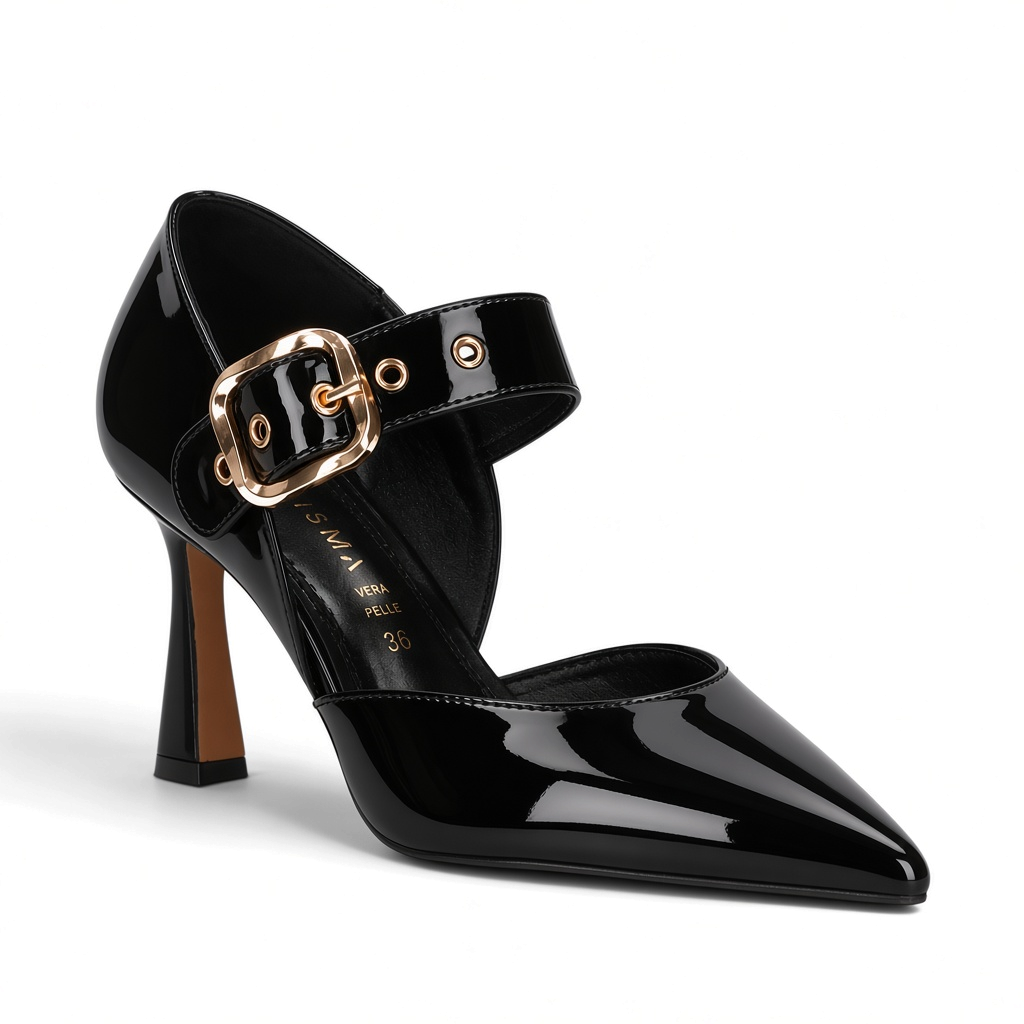 ShoeShop Kharisma 3572 black patent synthetic pointed-toe pump with an 8cm heel and gold buckle strap