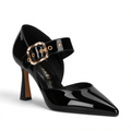 ShoeShop Kharisma 3572 black patent synthetic pointed-toe pump with an 8cm heel and gold buckle strap