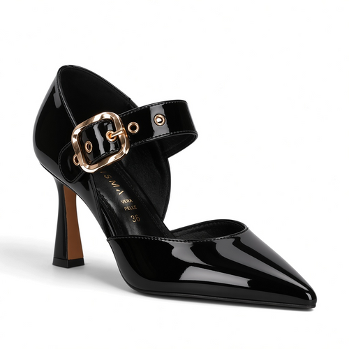 ShoeShop Kharisma 3572 black patent synthetic pointed-toe pump with an 8cm heel and gold buckle strap