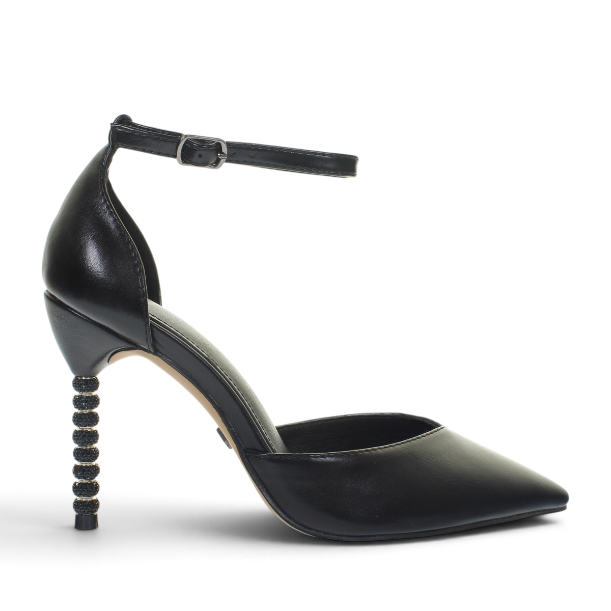 ShoeShop Kharisma black synthetic pointed-toe high heel sandal with a 10cm embellished beaded stiletto heel.