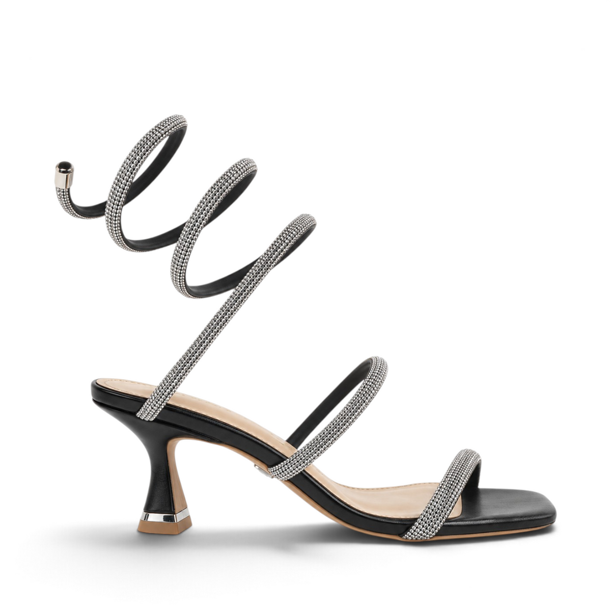ShoeShop Kharisma 2560 black spiral sandals with rhinestone-embellished straps and a flared kitten heel