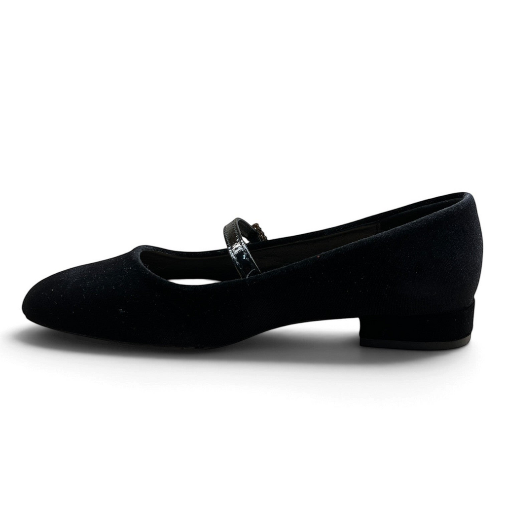ShoeShop Kharisma 3041 black textile mary jane flats with a low block heel and a slim strap