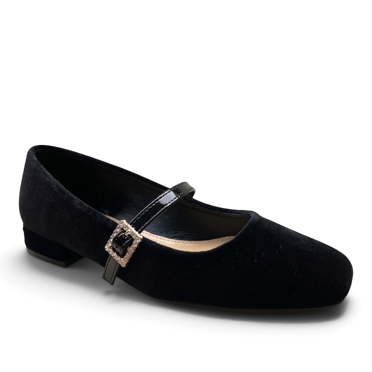 ShoeShop Kharisma 3041 black velvet Mary Jane flat with a patent strap and decorative rhinestone buckle