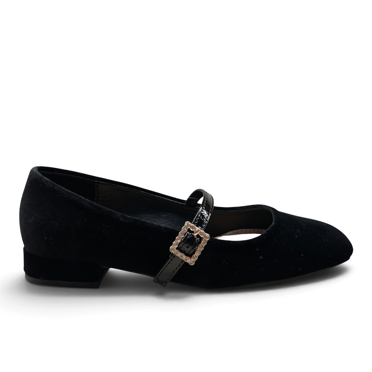 ShoeShop Kharisma 3041 black velvet Mary Jane shoe with a decorative crystal buckle strap and low block heel