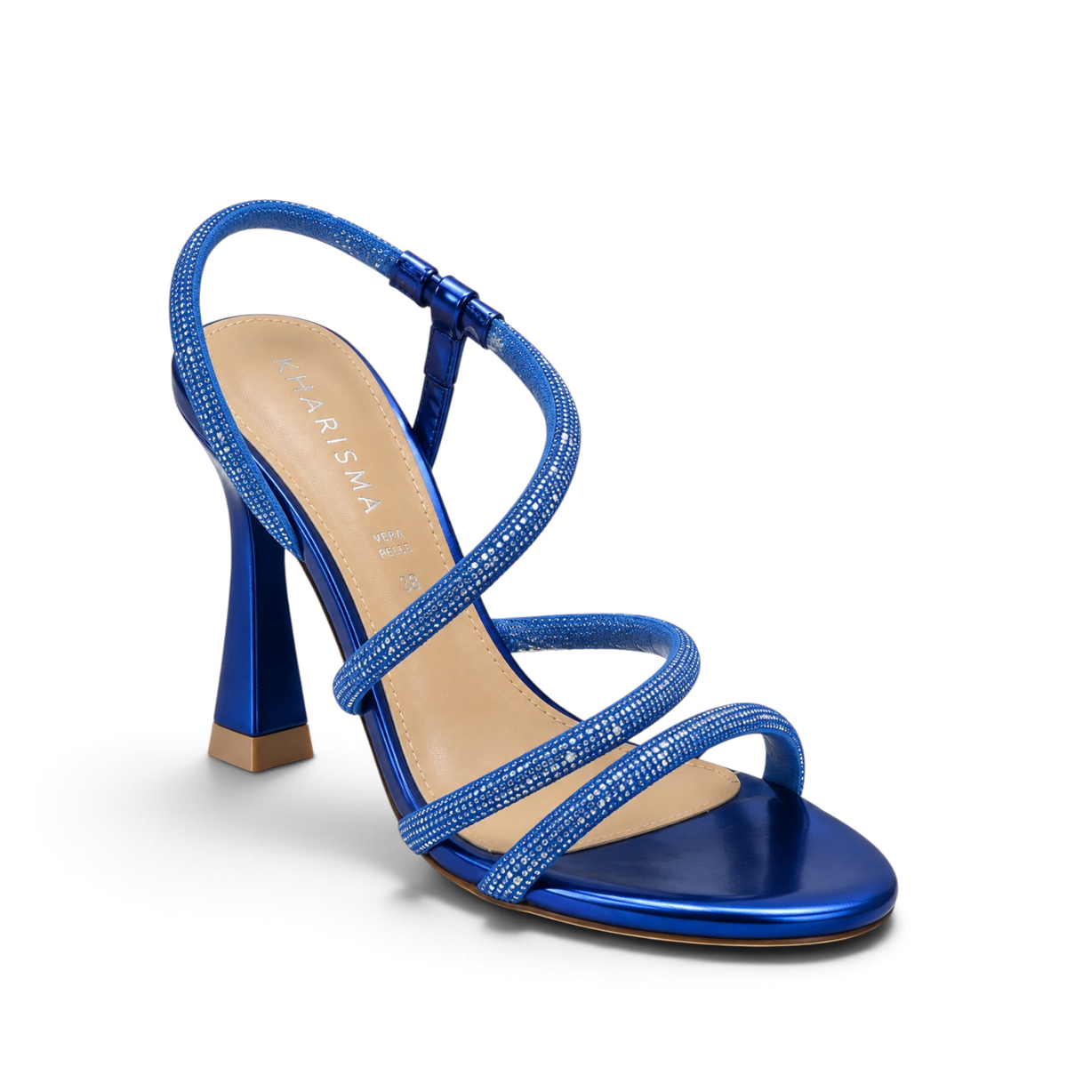 ShoeShop Kharisma 2581 blue metallic high-heeled sandals with rhinestone-embellished straps and a slingback design.
