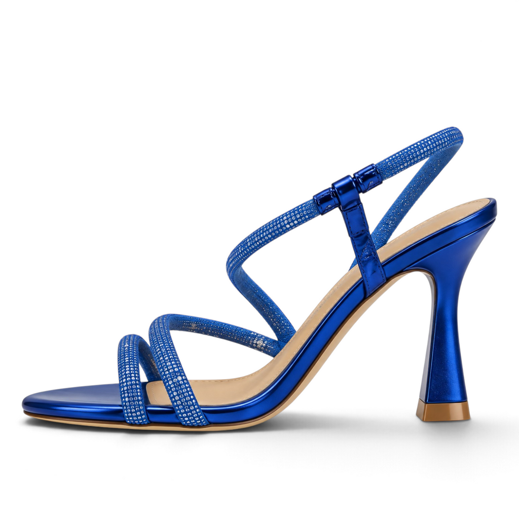 ShoeShop Kharisma 2581 blue metallic high heel sandal with rhinestone embellished straps and a flared heel