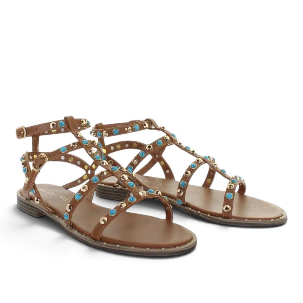 ShoeShop Kharisma brown leather gladiator sandals with turquoise stone and gold stud embellishments
