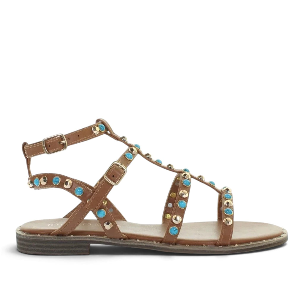 ShoeShop Kharisma brown leather flat sandals with turquoise stone embellishments and gold stud details