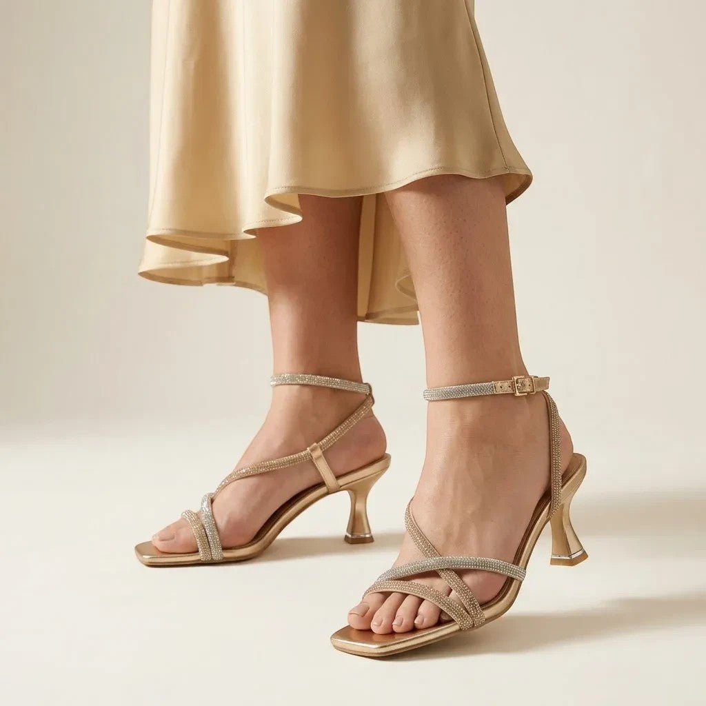 ShoeShop Kharisma 2567 gold strappy sandals with rhinestone embellishments and a mid-height flared heel
