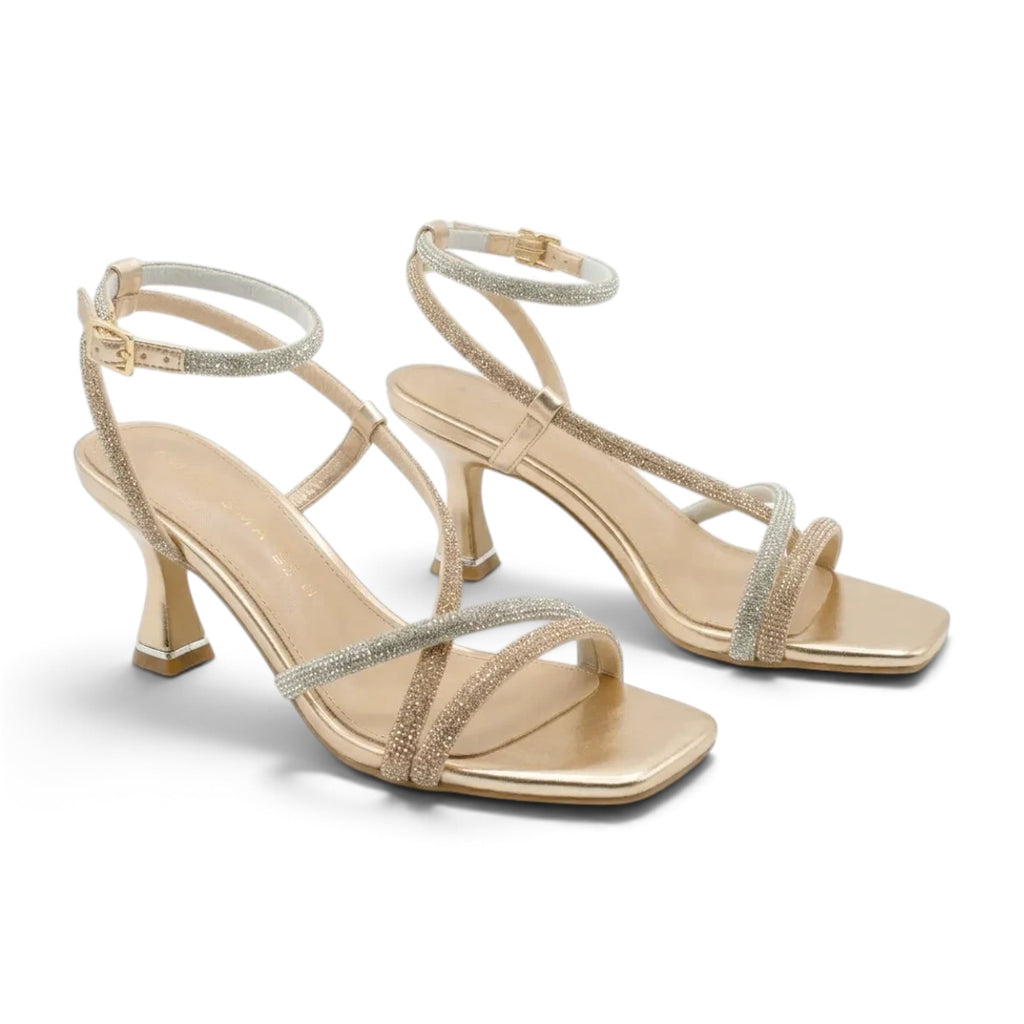 ShoeShop Kharisma 2567 gold metallic strappy sandals with rhinestone embellishments and a mid-height flared heel.