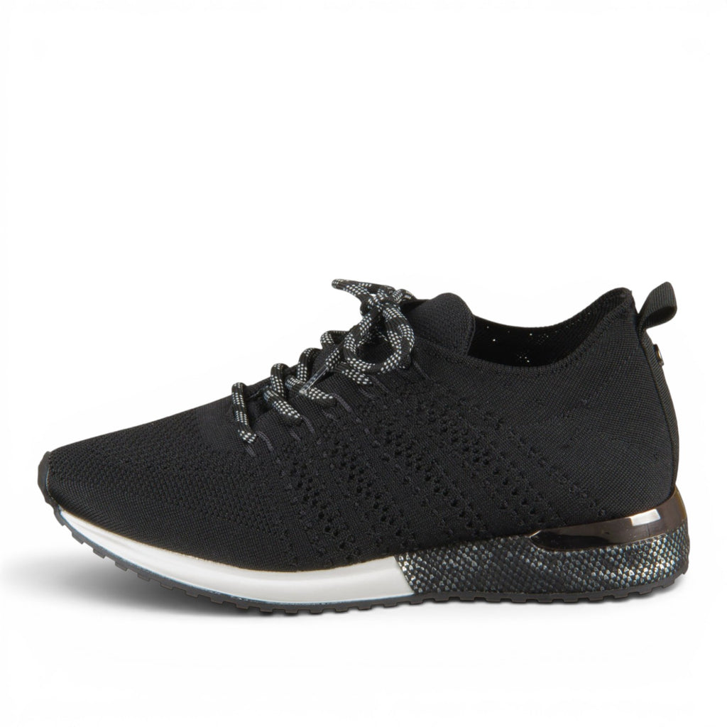 ShoeShop La Strada black knit sneaker with white sole and patterned laces, side view