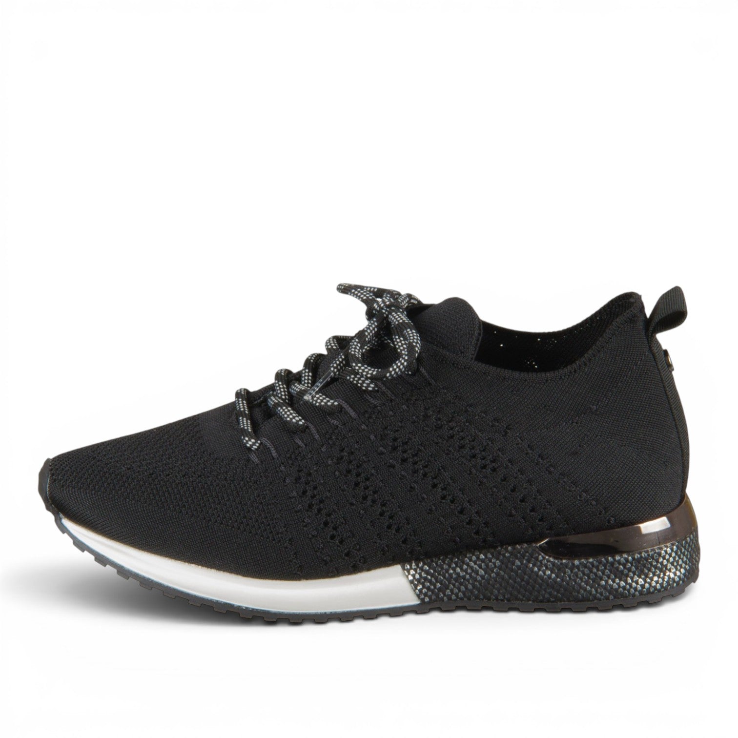 ShoeShop La Strada black knit sneaker with white sole and patterned laces, side view