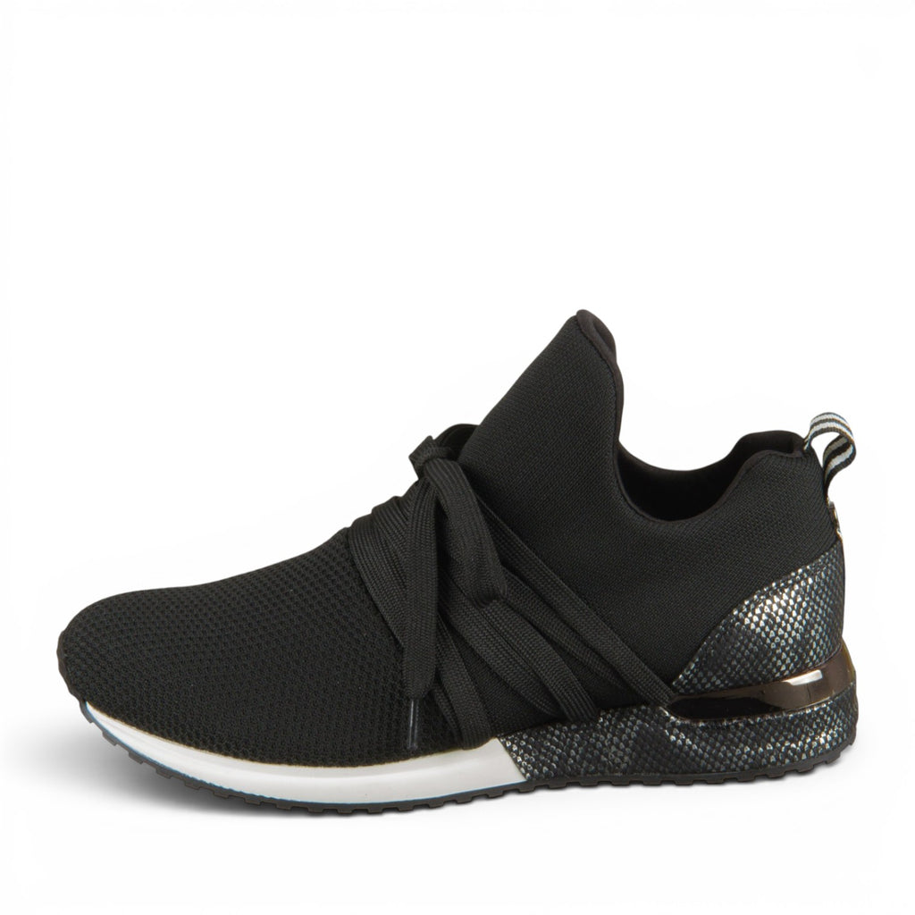 ShoeShop La Strada black knit sneaker with wrap-around laces and metallic textured heel detail