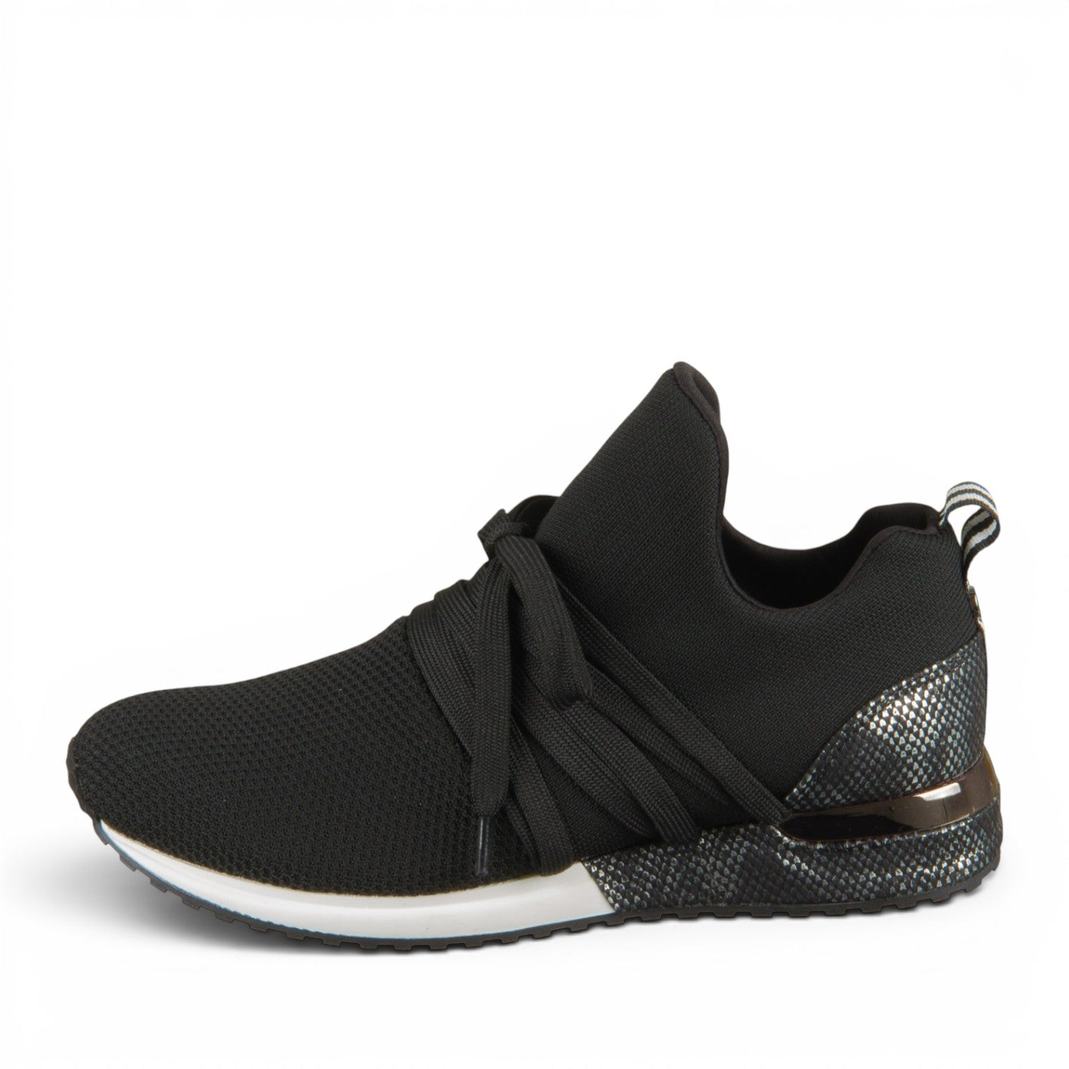 ShoeShop La Strada black knit sneaker with wrap-around laces and metallic textured heel detail