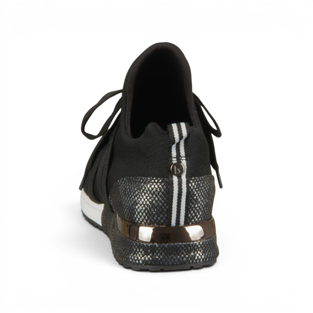 ShoeShop La Strada black knit sneakers with metallic textured heel detail and striped pull tab